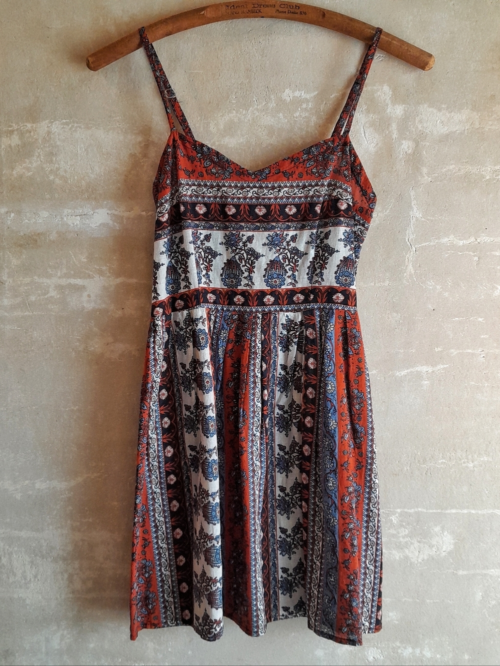 528a. blue & orange vintage Sace striped floral cotton y2k babydoll mini dress S